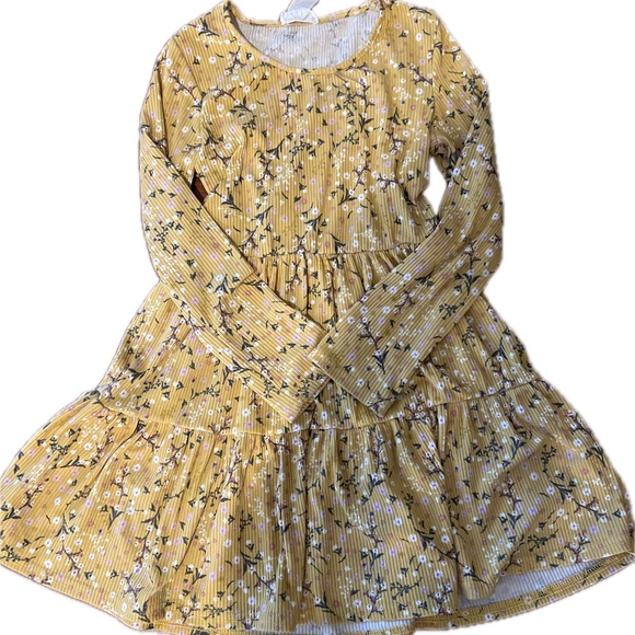 Boho Floral Print Round Neck  Long Sleeve Mustard Yellow Girls Dresses (Girls) - Picture 4 of 4